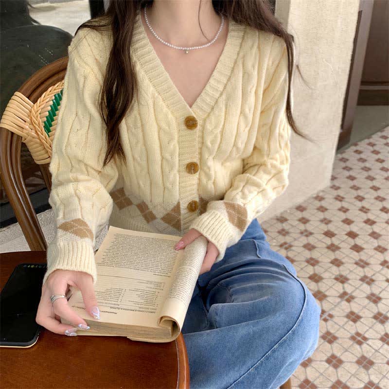 Rhombus Pants Shirt Sweater Set Print Denim Lapel