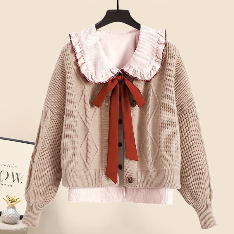 Ensemble cardigan doux, pull, nœud papillon, chemise, jupe plissée