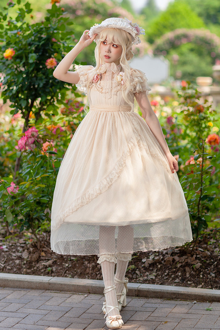 Apricot Polka Dot Asymmetric Ruffle Bow Lolita Dress - Moon goddess *Mediana*