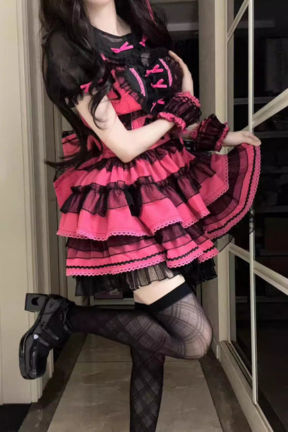 Rose Pink Layered Bow Lace Sweet Lolita Dress