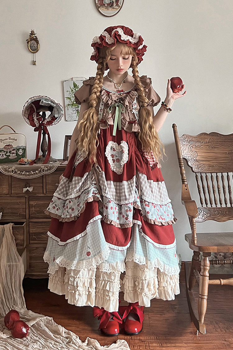 Cherry Pattern Short-Sleeved Ruffled Embroidered Layered Dress