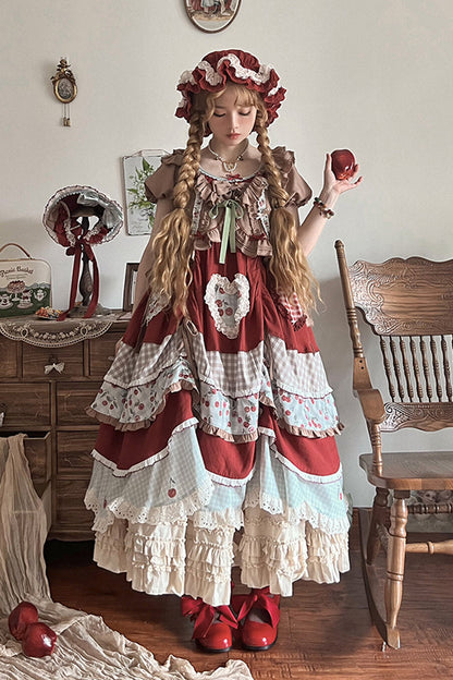 Cherry Pattern Short-Sleeved Ruffled Embroidered Layered Dress