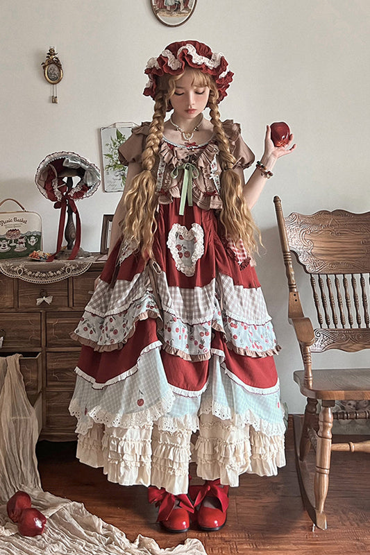 Cherry Pattern Short-Sleeved Ruffled Embroidered Layered Dress