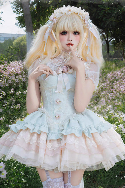 Green Fleeting Light Shallow Dream Sleeveless Multi-Layered Ruffle Bowknot Lace Slim Sweet Ballet Jsk Dress