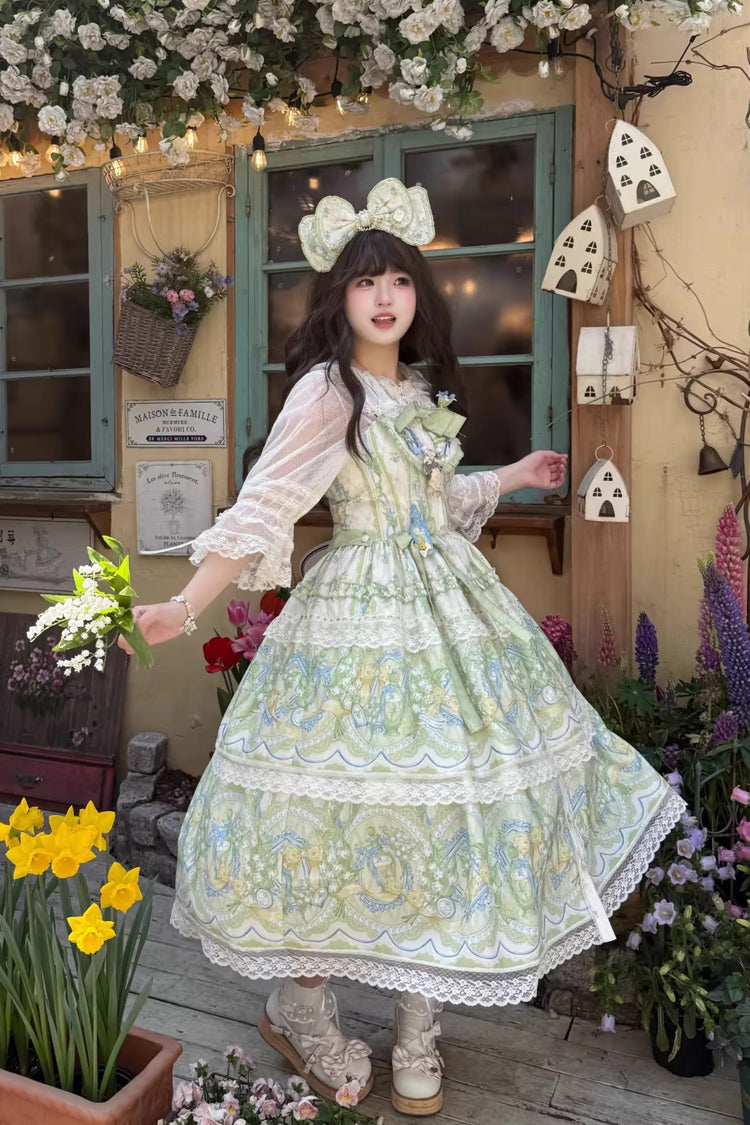 Ivory Green Lily of the Valley Perfume Pearl Candy Tea Doll Collar Sleeveless Print Lace Plus Sweet Lolita JSK