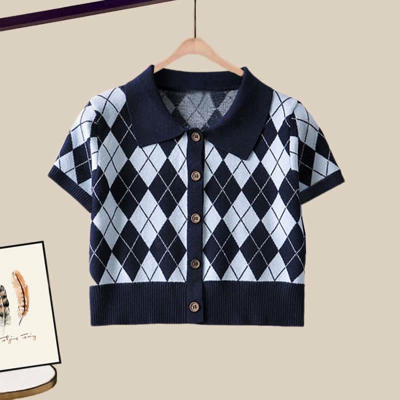 Rhombus Crop Top Set Pattern T-Shirt Pants Denim