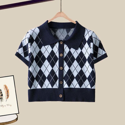 Rhombus Crop Top Set Pattern T-Shirt Pants Denim