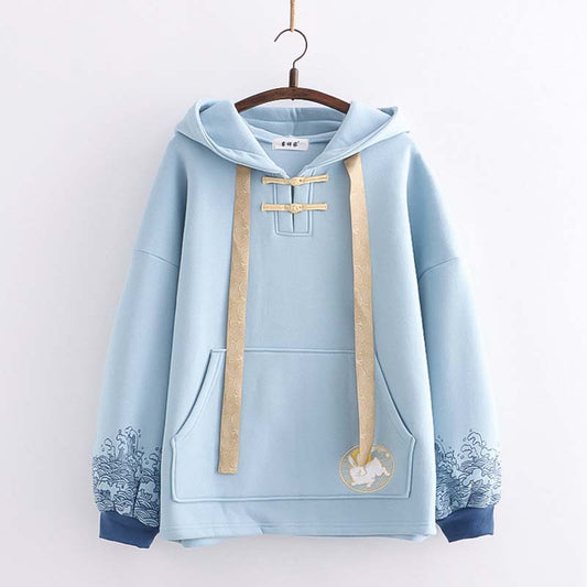 Lässiger Hoodie mit Kaninchen-Stickerei und Wellen-Print