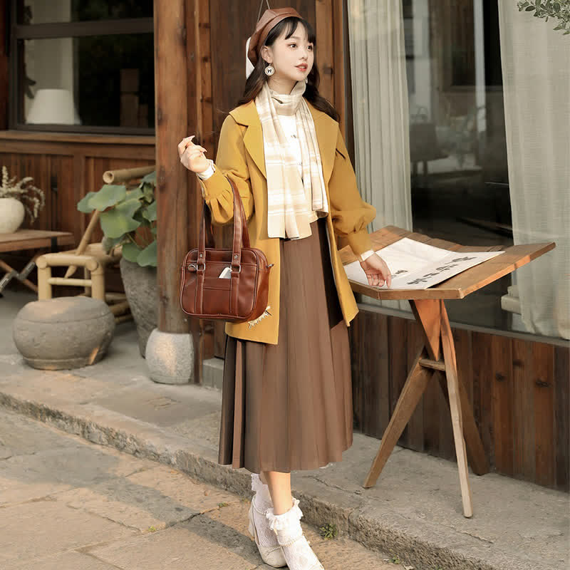 Vintage Button Shirt Pleated Suspender Skirt Plaid Set