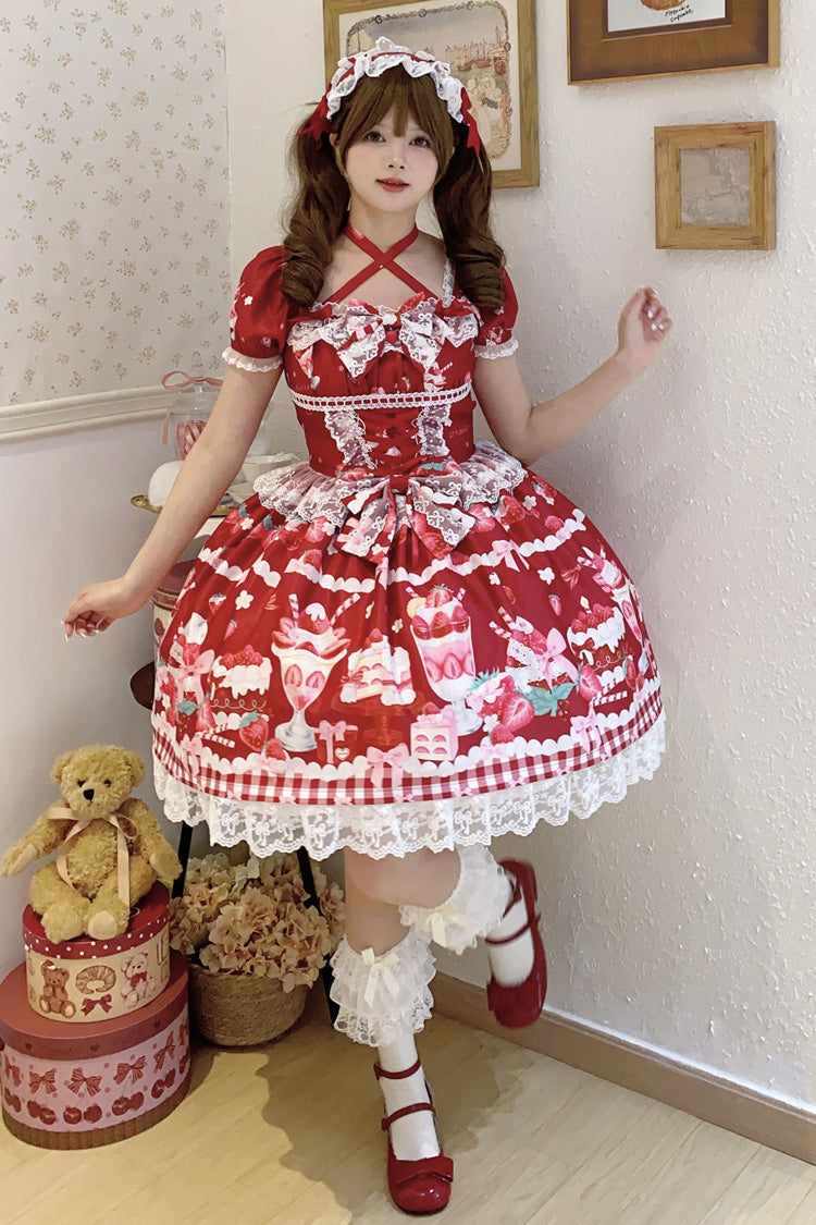 Red Strawberry Parfait Print Short Sleeve Ruffle Bow Lace Lace-Up Sweet Lolita Dress