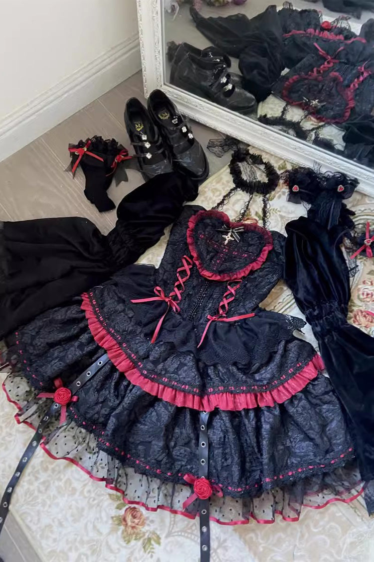 Witch Vampire Rose Print Ruffle Lace-Up Punk Dress