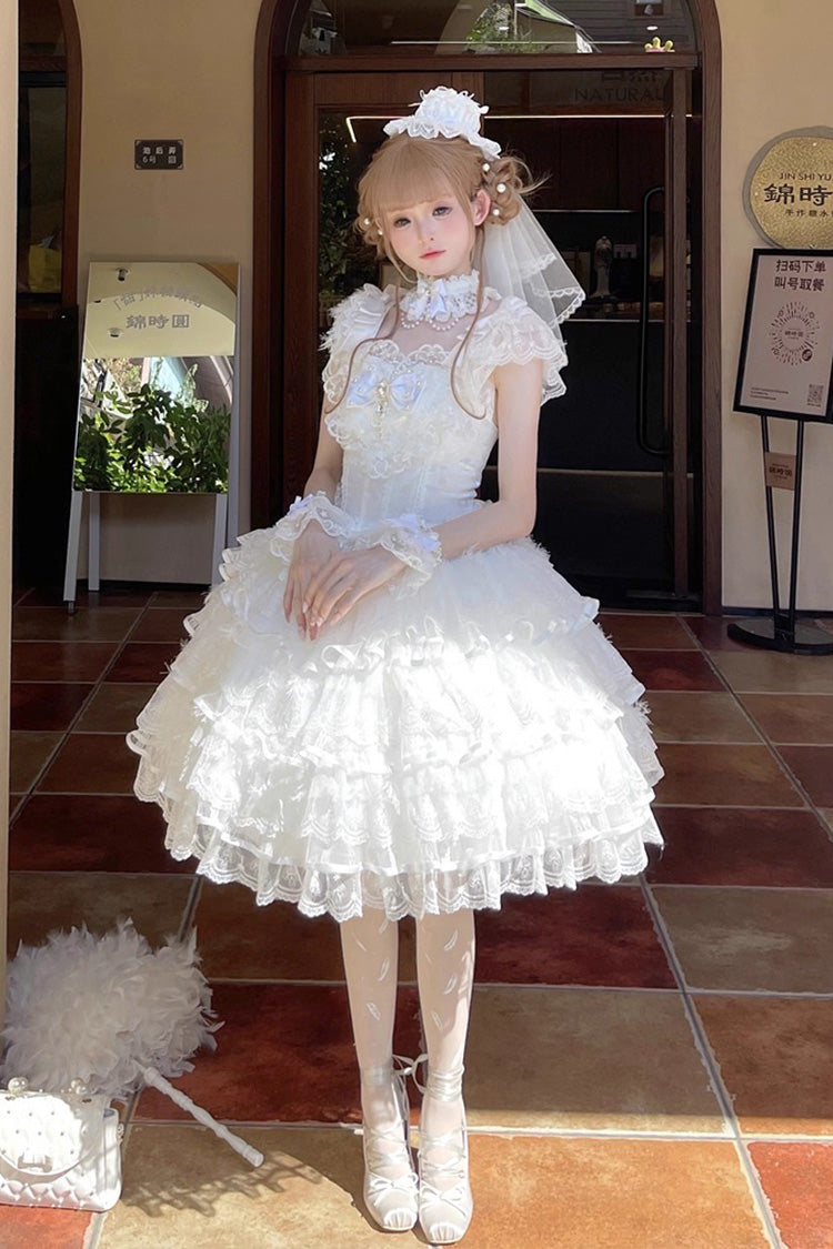 White Feathers Ballad Sleeveless Multi-Layered Ruffle Hanayome Bow Sweet Lolita Jsk Dress