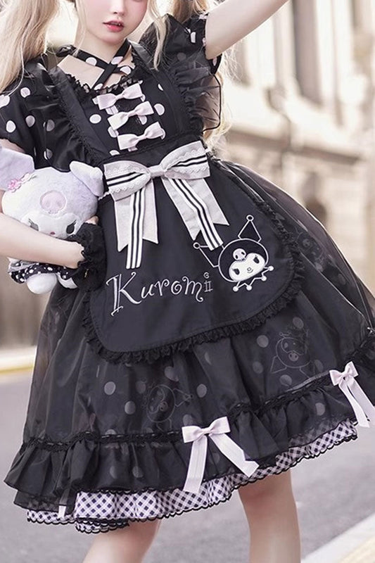 Black Short Sleeves Kulomi Print Ruffle Bow Sweet Lolita Dress