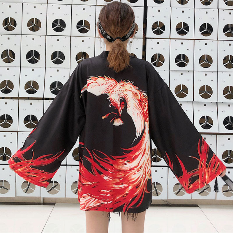 Kimono-Oberbekleidung mit leuchtendem Phoenix-Print und Sonnenschutz