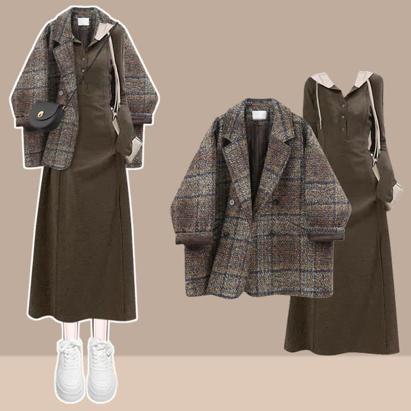 Chic Plaid Print Blazer Coat Hooded Midi Dress