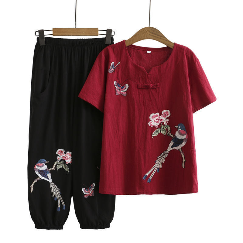 T-Shirt-Hosen-Set mit Vintage-Vogelstickerei und Schnalle