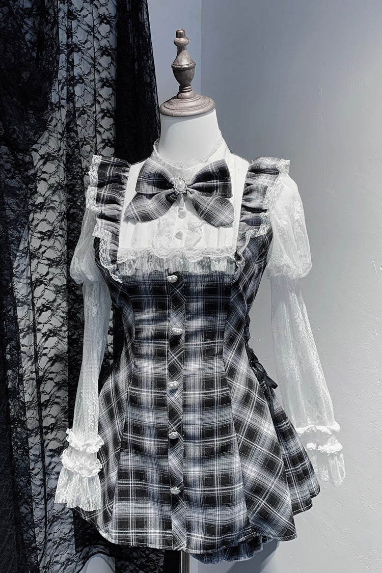 Stand Collar Long Sleeves Ruffled Bow Lace Sweet Japanese Dress Shorts Set