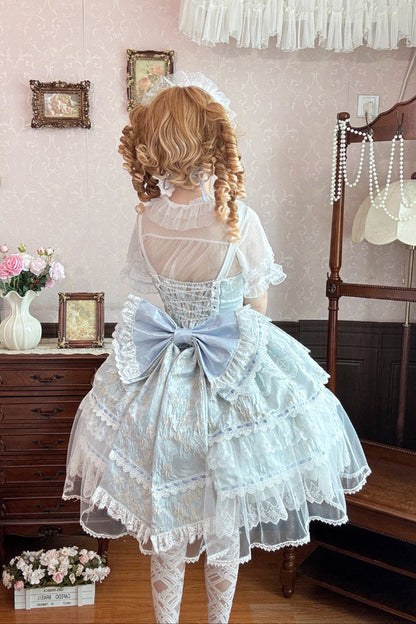 Square-Collar Embroidered Plus-Size JSK Set with Layered Ruffles