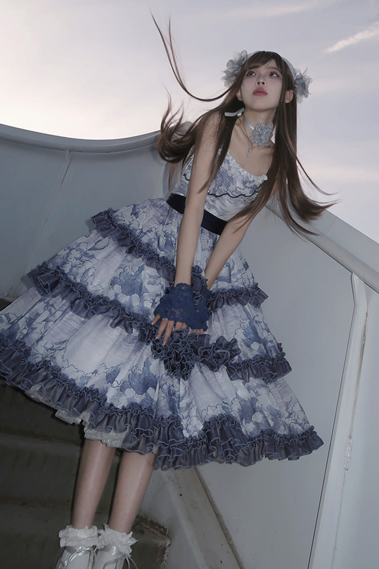 Multihued Layered Cloud Print Ribboned Lolita Jumper