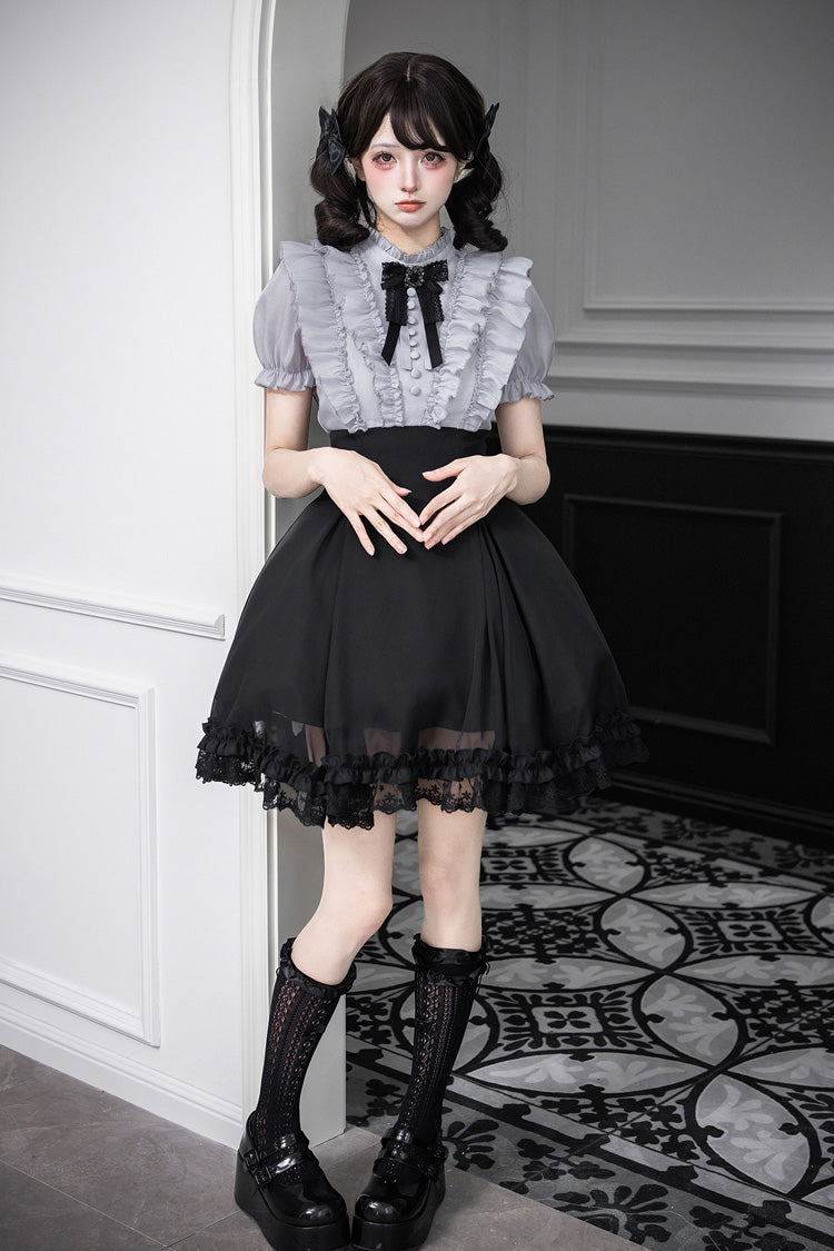 Puff-Sleeve Color-Blocked Faux Two-Piece Sweet Dress