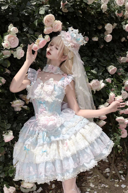 Sweet Lolita JSK Dress with Square Collar and Multi-Layered Ruffled Bow Lace