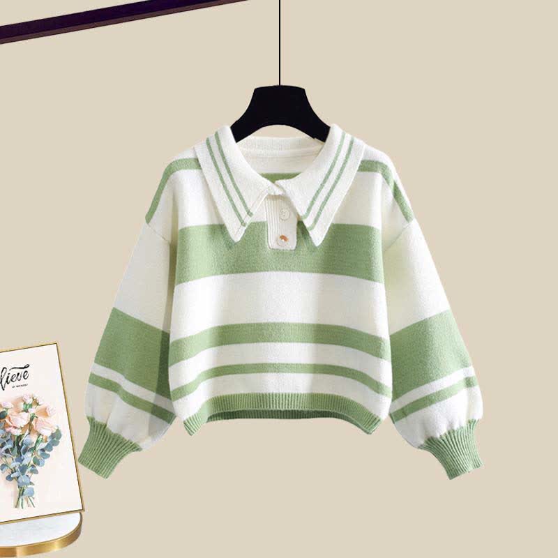 Green Stripe Colorblock Sweater Casual Pants Set