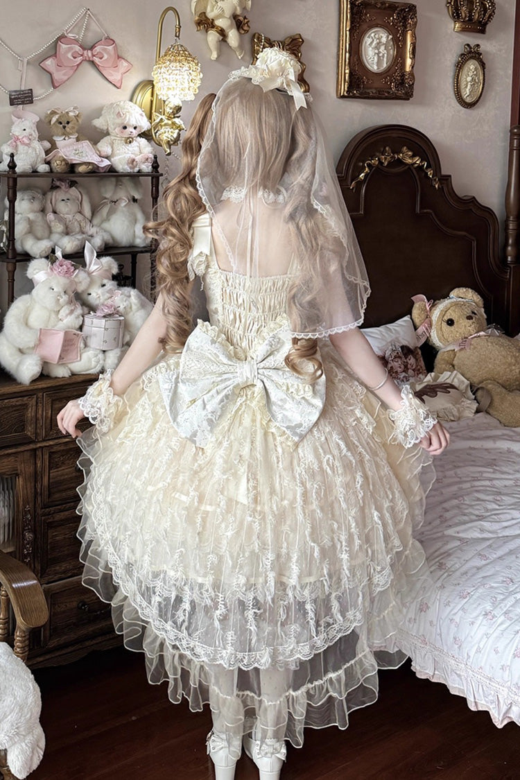 Apricot Feathers Ballad Sleeveless Multi-Layered Ruffle Hanayome Bow Sweet Lolita Jsk Dress