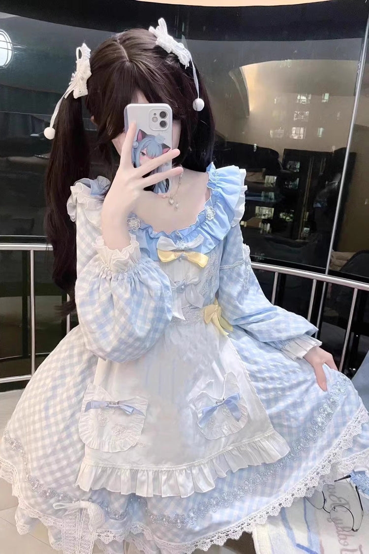 Blue Tartan Bow Lace Sweet Lolita Dress