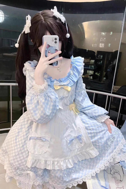 Blue Tartan Bow Lace Sweet Lolita Dress