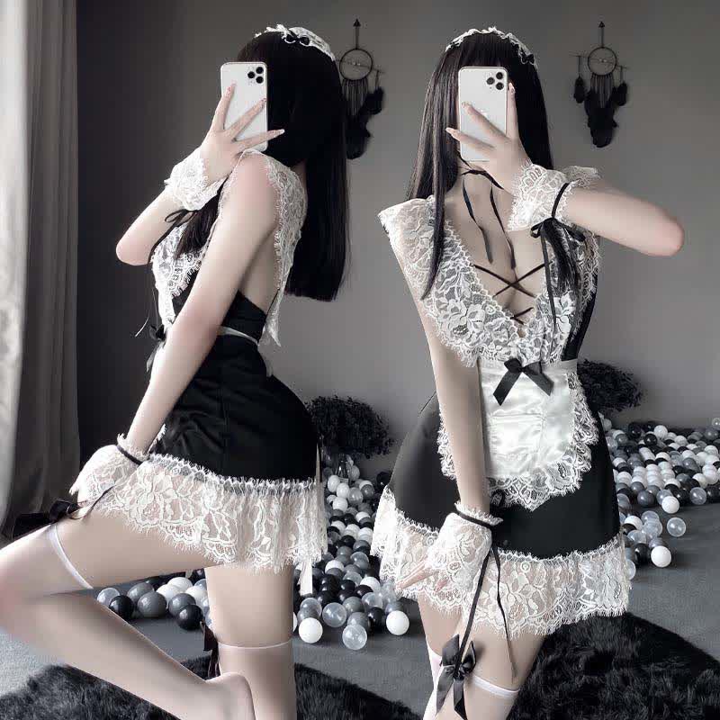 Robe de lingerie en dentelle profonde avec nœud noir Cosplay Maid