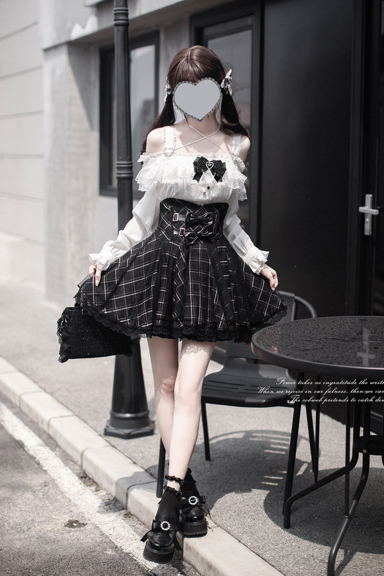 Black Plaid Bow Sweet Japanese Skirt
