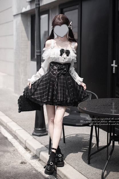 Black Plaid Bow Sweet Japanese Skirt