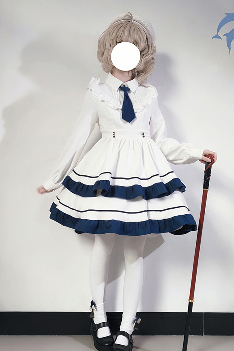 White Long Sleeve Double-Layer Ruffle Sweet College Lolita Dress