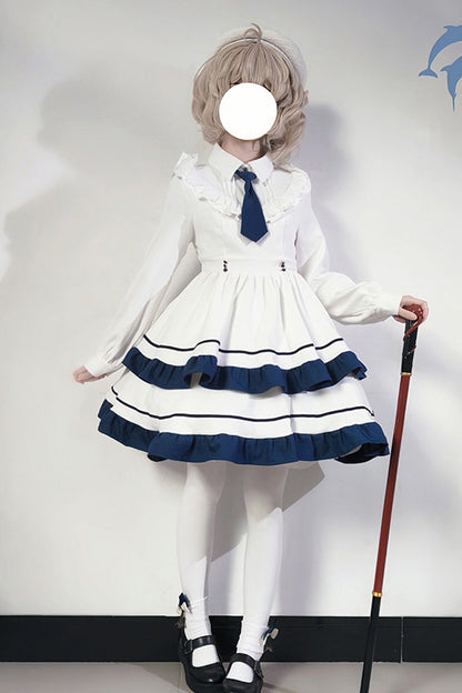 White Long Sleeve Double-Layer Ruffle Sweet College Lolita Dress
