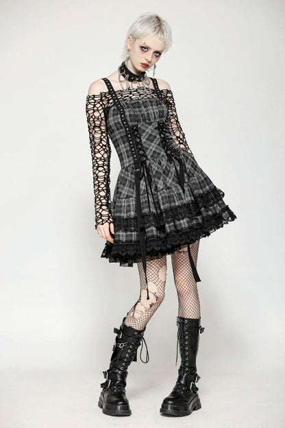 Charcoal Layered Lace Hem Plaid Slip Dress - Punk Party Attire