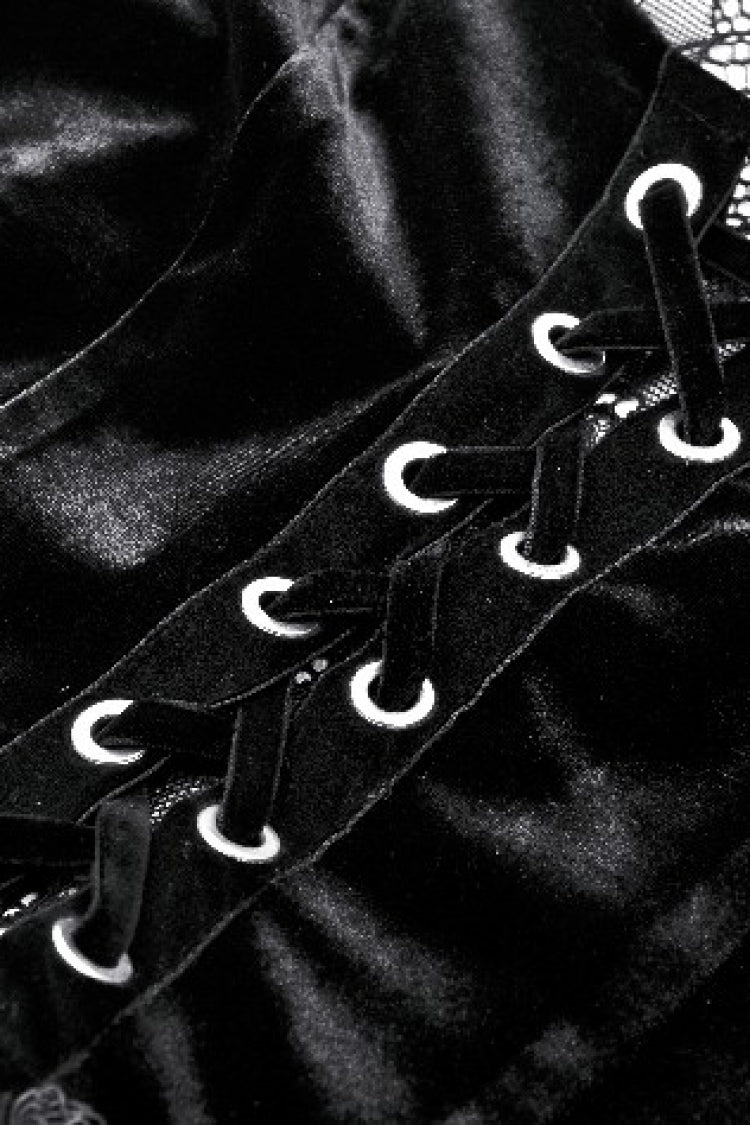 Velvet Gothic Wedding Gown with Mesh and Lace-Up Details