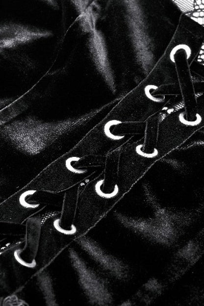 Velvet Gothic Wedding Gown with Mesh and Lace-Up Details