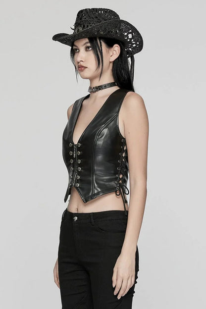 Punk Women's Vest with Faux Leather V Collar Sleeveless Lace-Up and Zipper