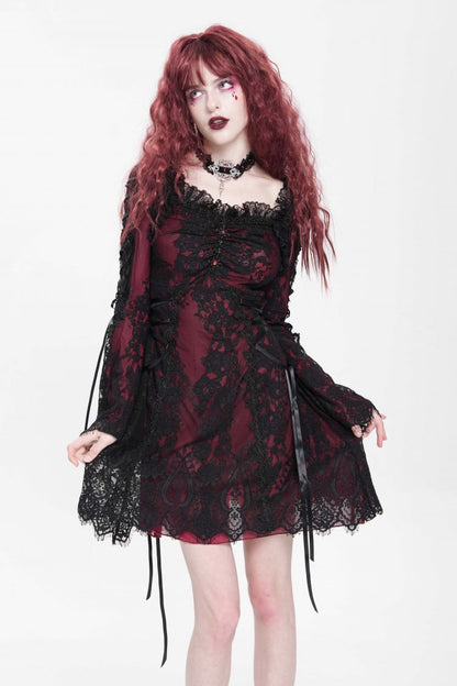 Square Collar Long Sleeve Floral Lace Lace-Up Gothic Dress