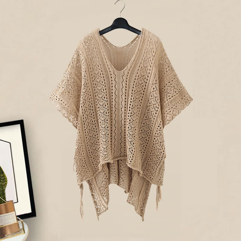 Boho Split Crochet Tassel Out Shirt Dress Hollow Belted