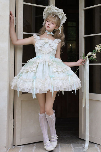 Green Blossoming Heart Love Sleeveless Dark Jacquard Print Bow Lace Sweet Lolita Jsk Dress