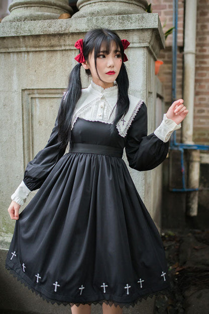 Black Gothic Lolita OP Dress with Cross and Punk High-Waist Style