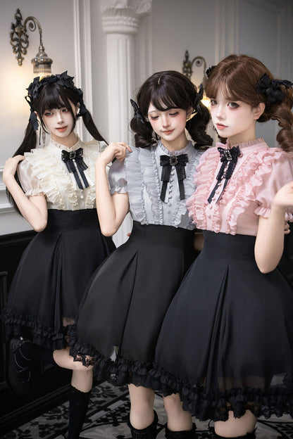 Puff-Sleeve Color-Blocked Faux Two-Piece Sweet Dress