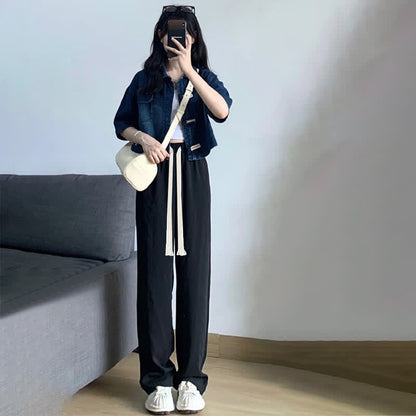 T-Shirt Denim Lapel Pants Set Drawstring