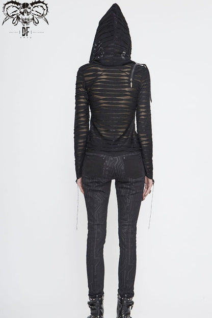 Women's Punk Shirt with Hooded Twisted Knit Slanted Zip Asymmetric Hem