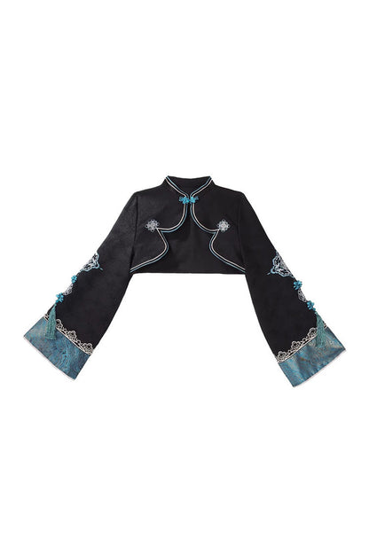 Cut-Out Embroidered Chinese Style Jumper Dress - Black/Blue Misty Teal