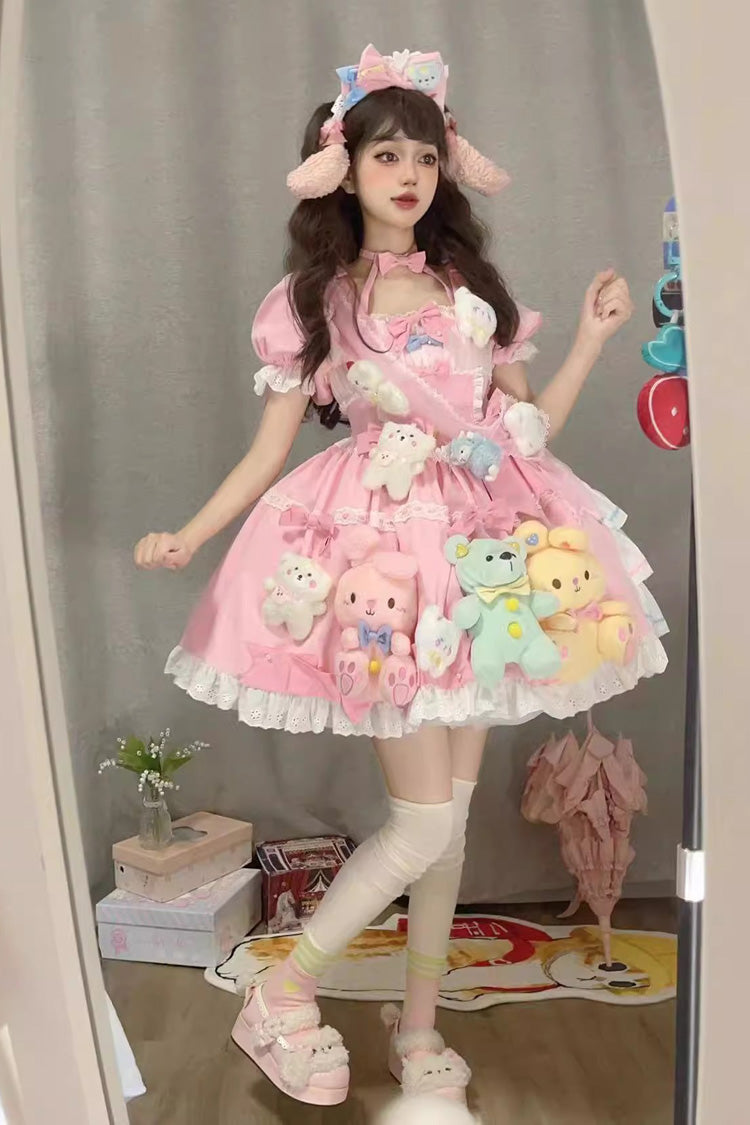 Pink Square-Collar Printed Doll Party Detachable-Sleeved Ruffled Bow-Trim Sweet Princess Lolita Dress