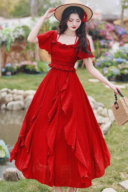 Red Square Collar Halter Short Sleeves High Waist Ruffle Gothic Vintage Lolita Long Skirt Set