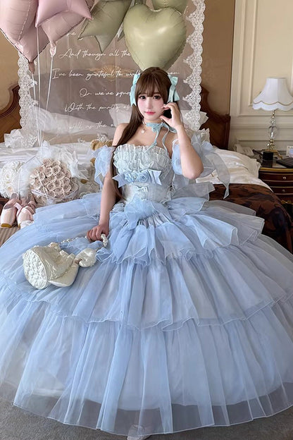 Multi-Layered Sleeveless Dress with Hanayome Bow and Ruffles