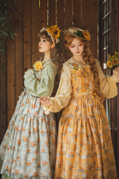 Golden Sleeveless Ruffled Bow Sunflower JSK Elegant Dress